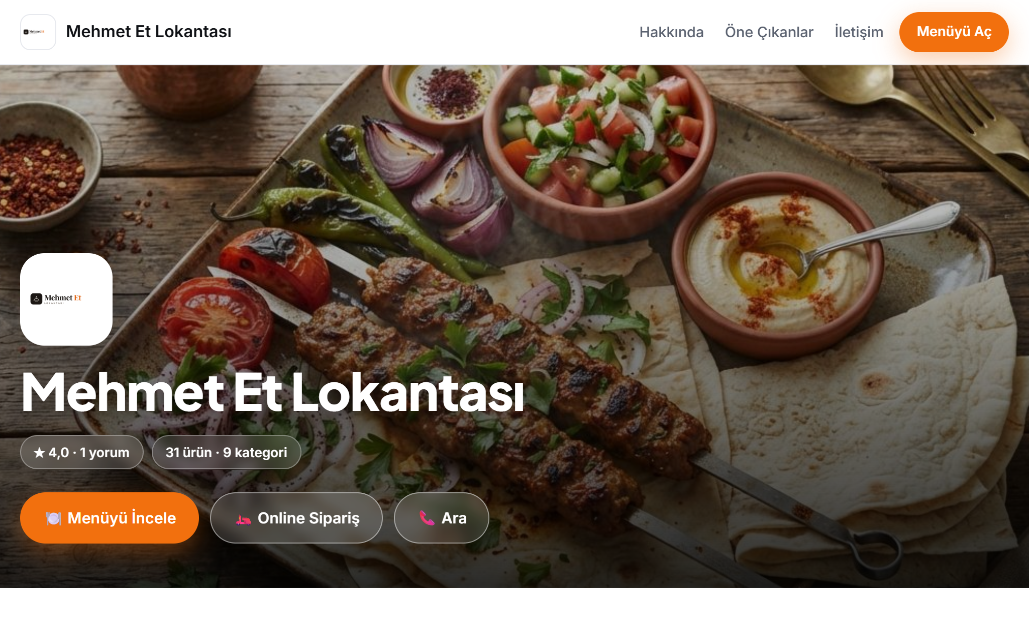 Vemiko Menü canlı demo: Mehmet Et Lokantası işletme web sitesi, masaüstü görünümü, örnek veri